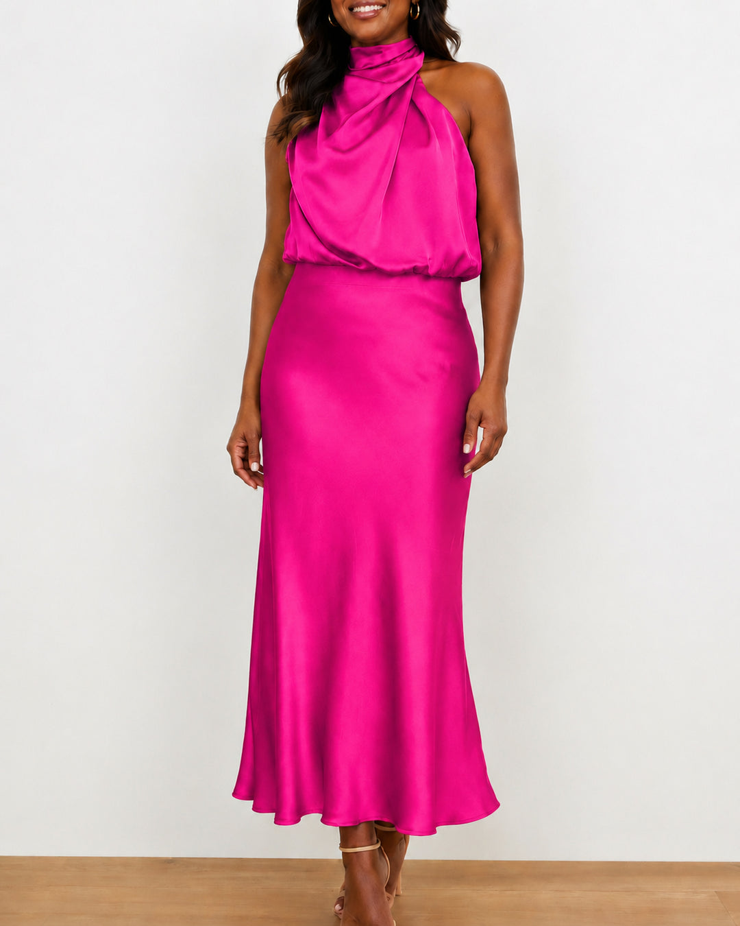 Women's  Satin Halter Design Midi Dress