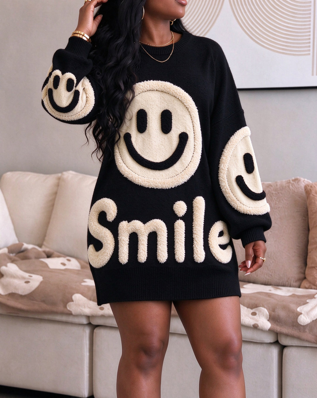 Women Oversized Smile Face Loose Long Knit Sweater