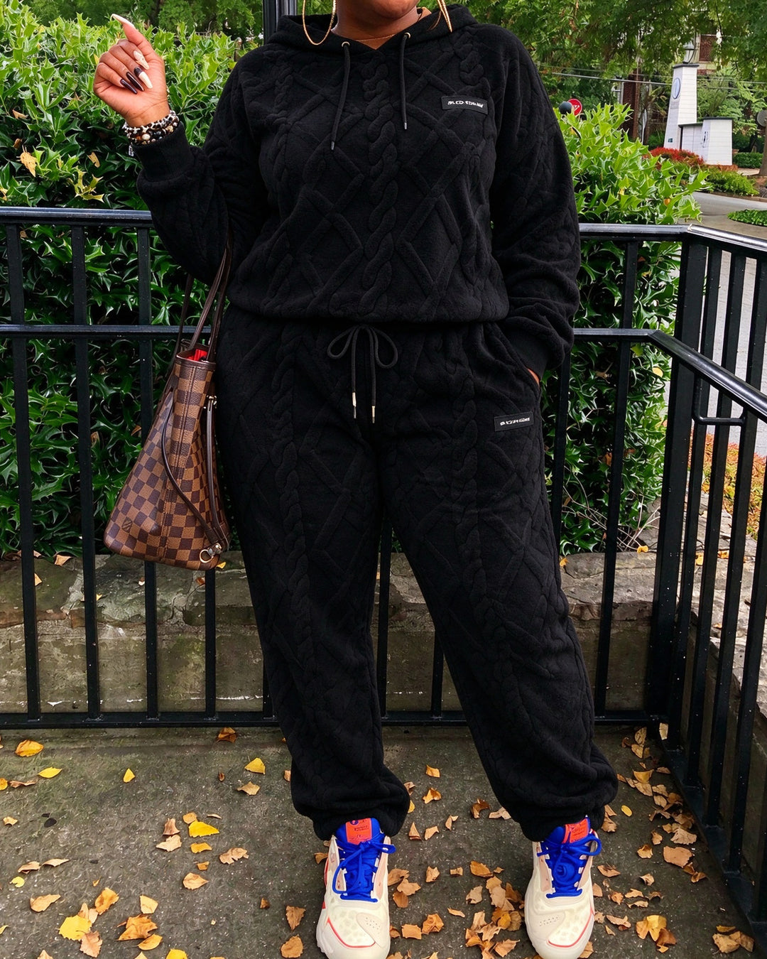 Women Cable Textured Fuzzy Hoodie Sweatpants Set