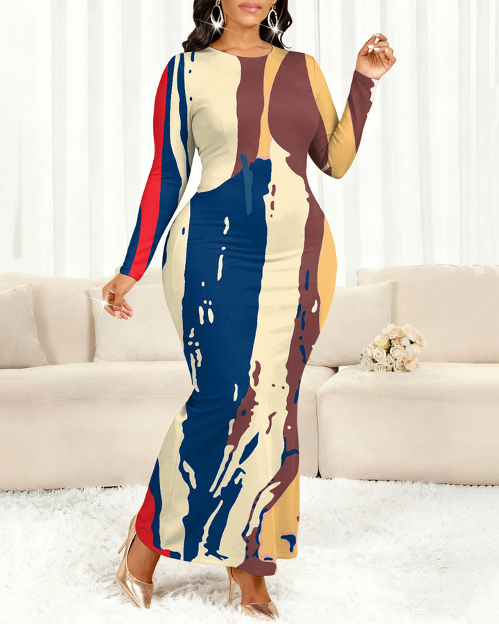 Ink Stripe Print Round Neck Long Sleeve Bodycon Dress