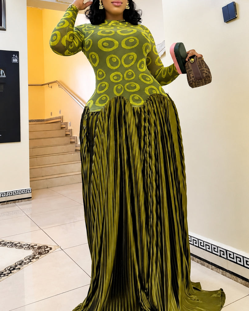 Women's Mock Neck Mesh Print Sheer Mesh Top with Pleated Maxi Dress