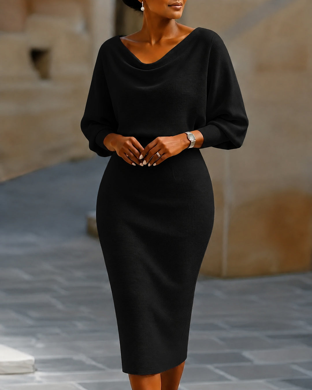 Round Neck Batwing Long Sleeve Ribbed Bodycon Dress