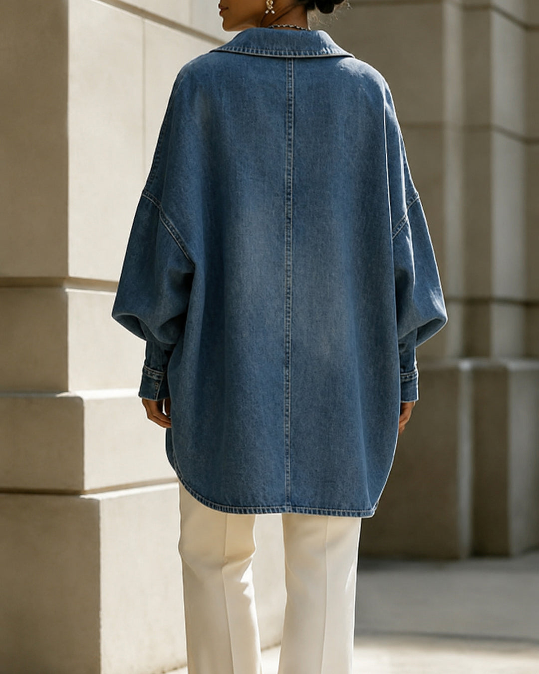 Denim Solid Color Buttoned Loose Long Sleeves V-Neck Blouses&Shirts Tops