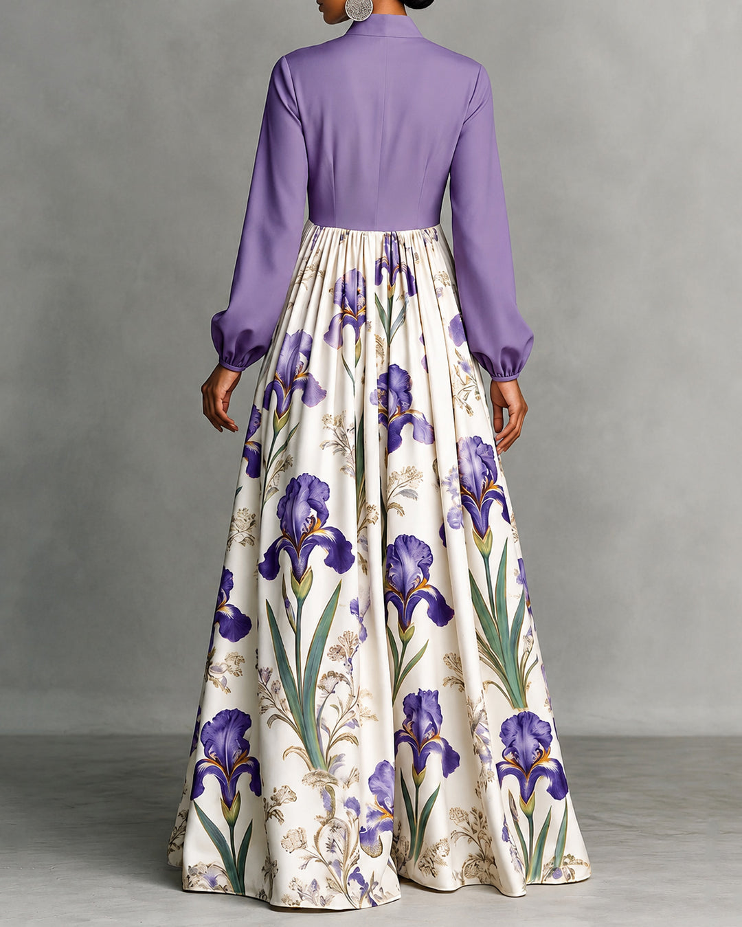 Flower Print Contrast Color Buttoned Pockets Loose Long Sleeves Stand Collar Maxi Dresses