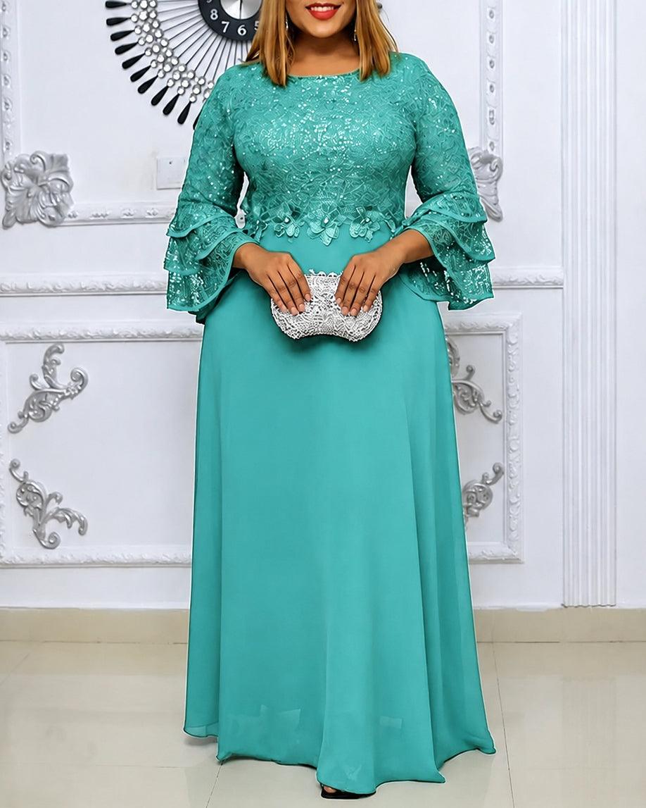 Plus Size Sequin Lace Tiered Bell Sleeve Formal Party Evening Gown