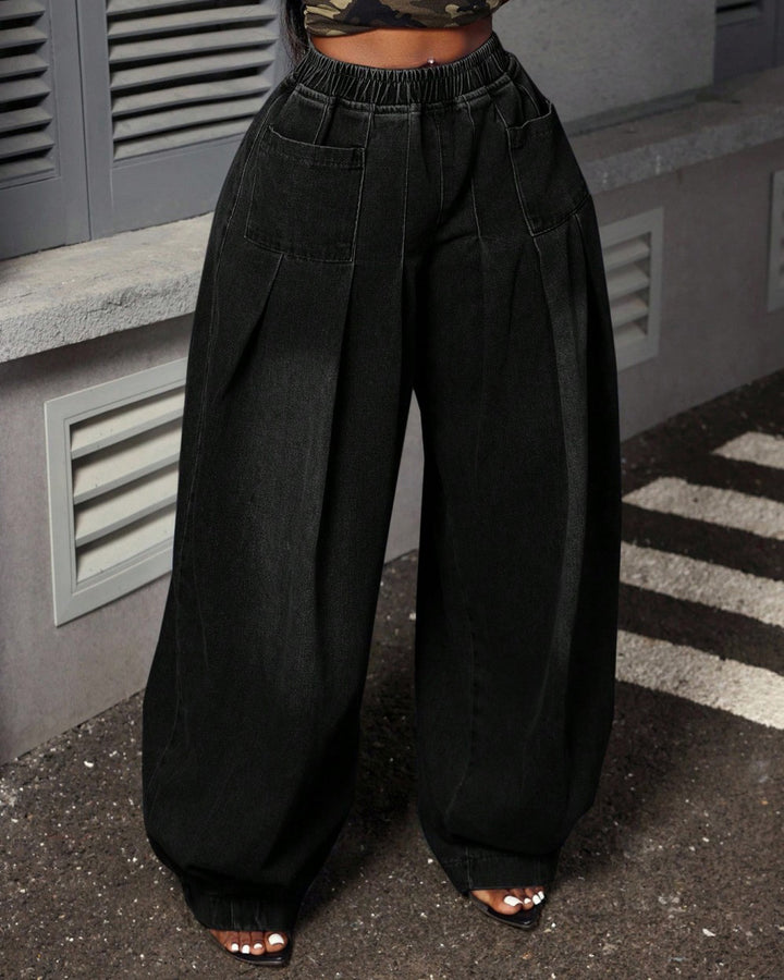 Plus Size High-waisted Pleated Wide-leg Lantern Jeans