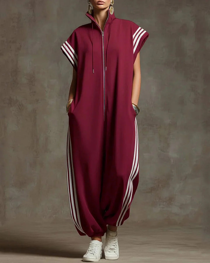 Contrast Color Pockets Split-Joint Striped Zipper Stand Collar Jumpsuits