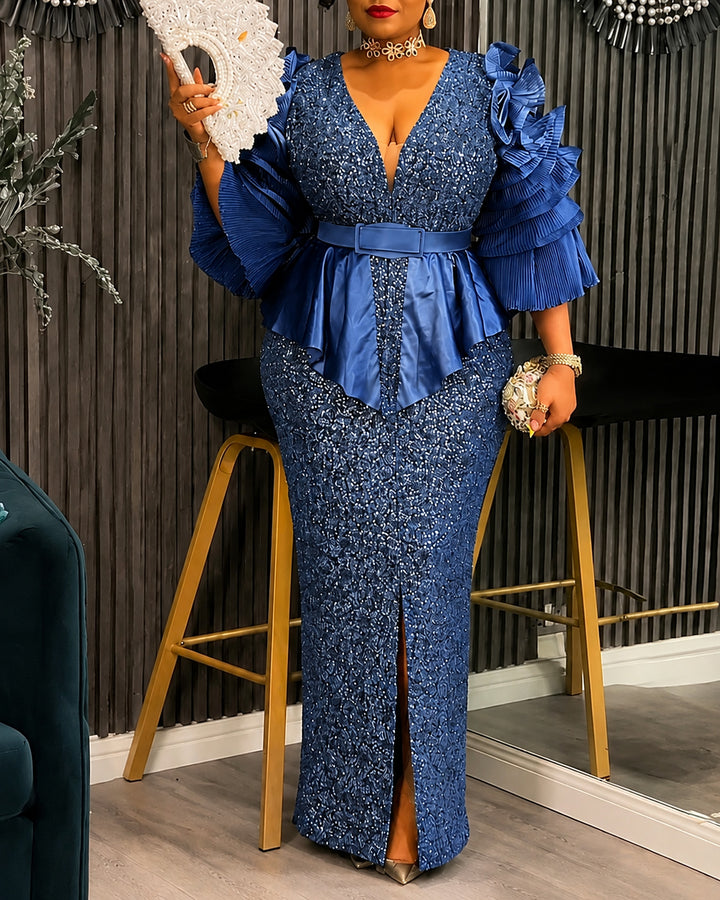 Plus Size Sequin Deep V Multi‑Layer Ruffle Sleeve Peplum Slit Maxi Evening Gown