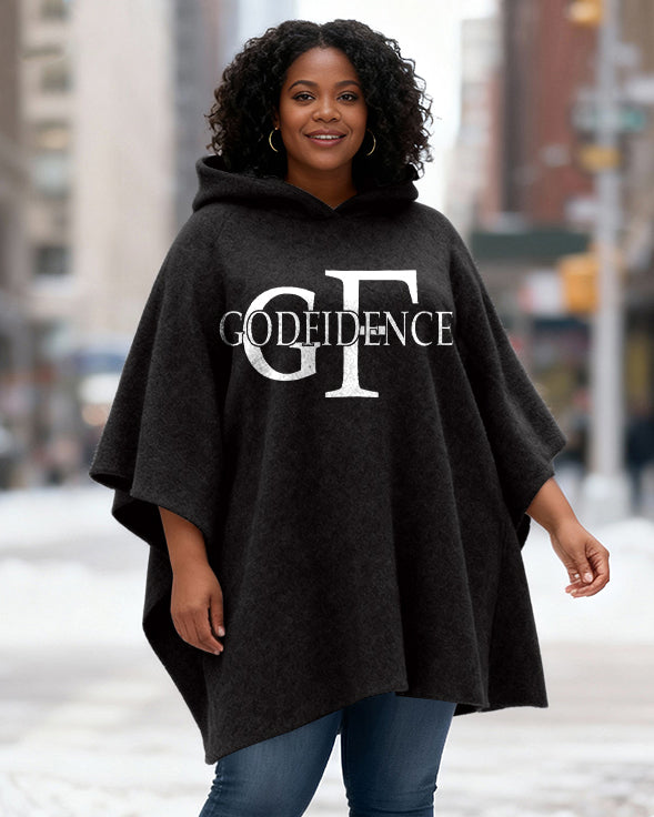 God Fidence Print Fleece Hooded Loose Cape