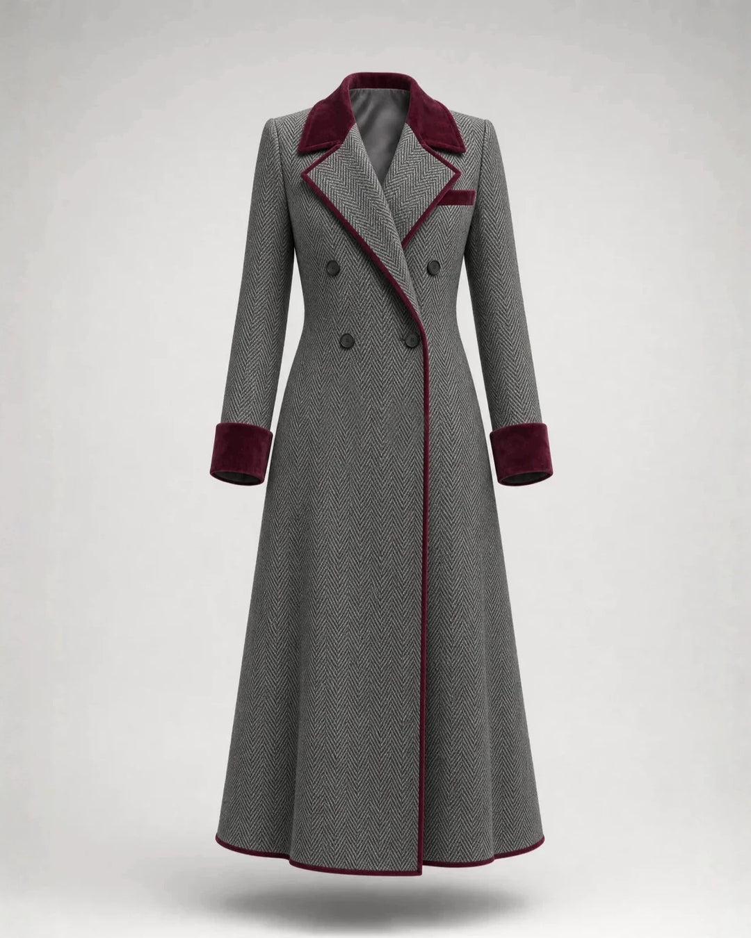 Women's Herringbone Wool Blend Lapel & Cuff Double Breasted Long Overcoat