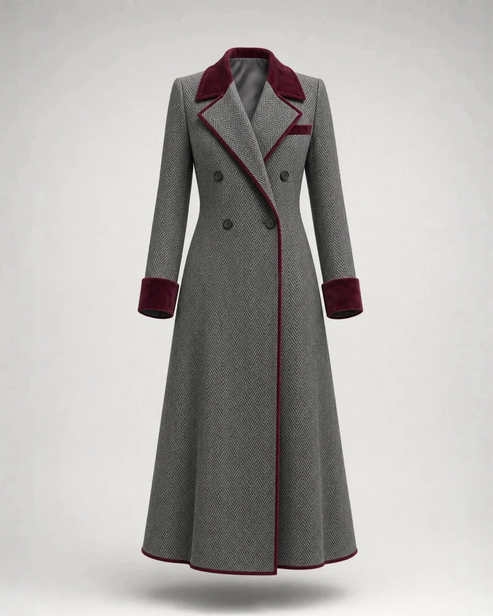 Women's Herringbone Wool Blend Lapel & Cuff Double Breasted Long Overcoat