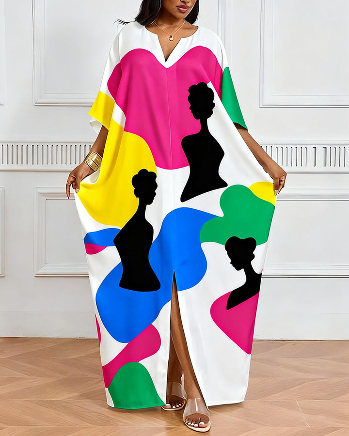 Colorful Color Block Black Silhouette Print V-Neck Elegant Dress