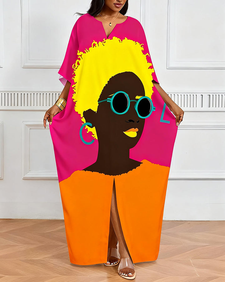Contrast Sunglasses Afro Figure Print V-Neck Elegant Dress