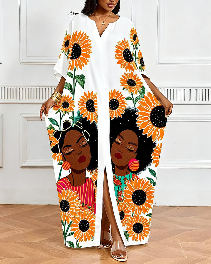 Sunflower Black Girl Print V-Neck Elegant Dress