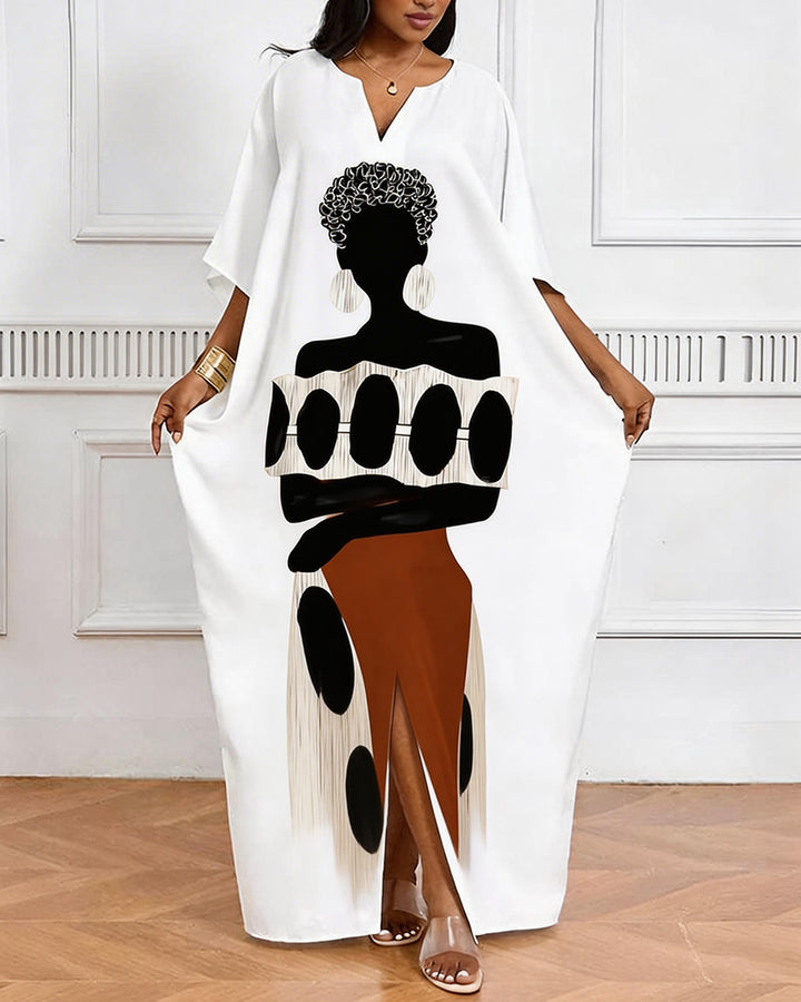 Black Head Like Geometric Patchwork Print V-Neck Elegant Dress
