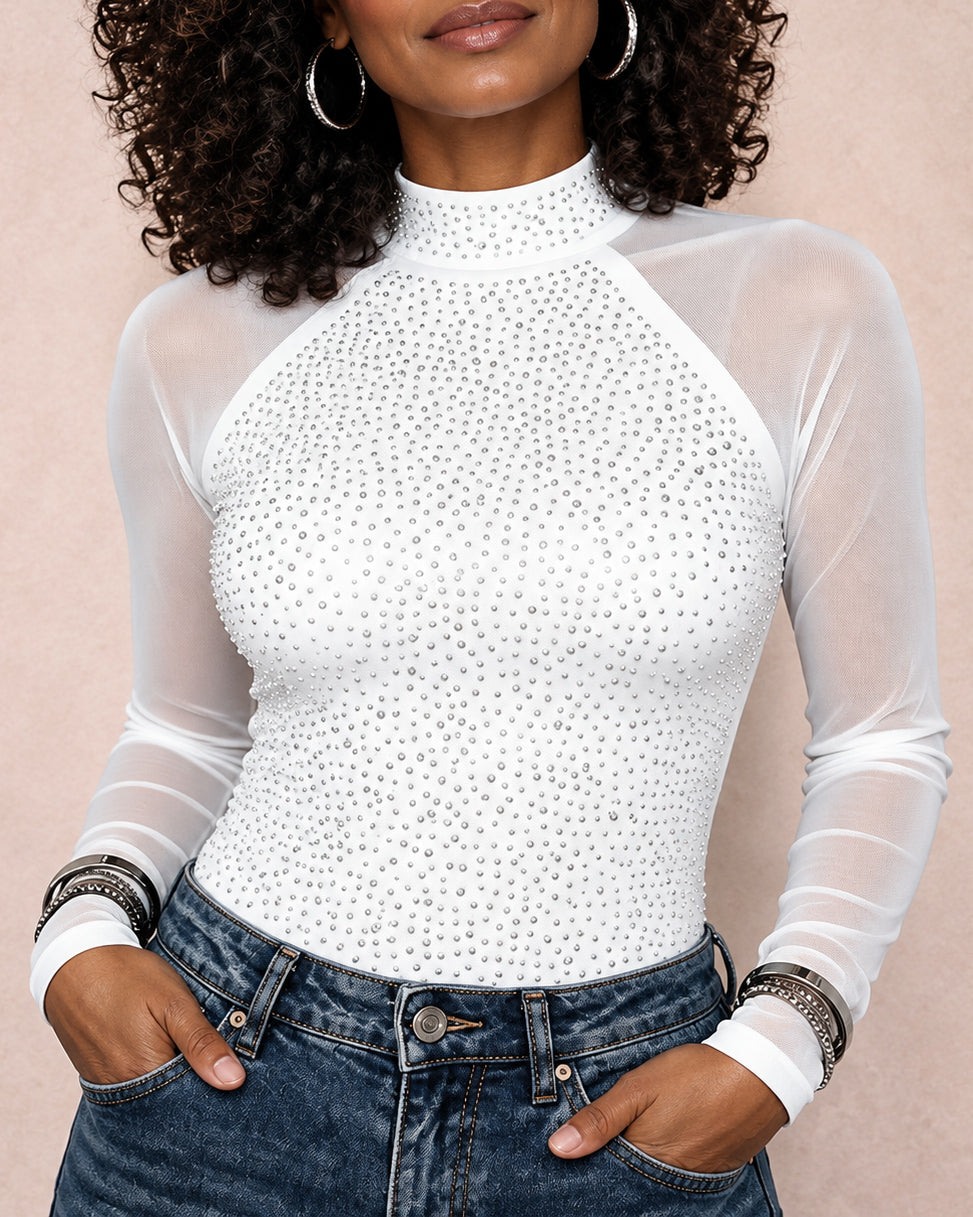 Mock Neck Spliced Mesh Rhinestone Sheer Long Sleeve Top