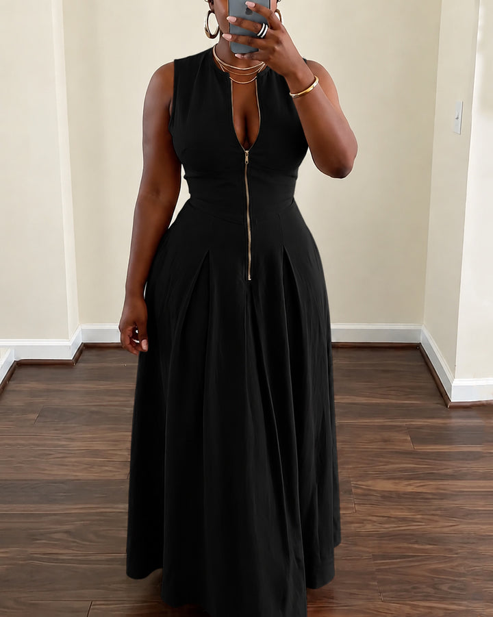 Round Neck Zipper High Waist Maxi Dresses