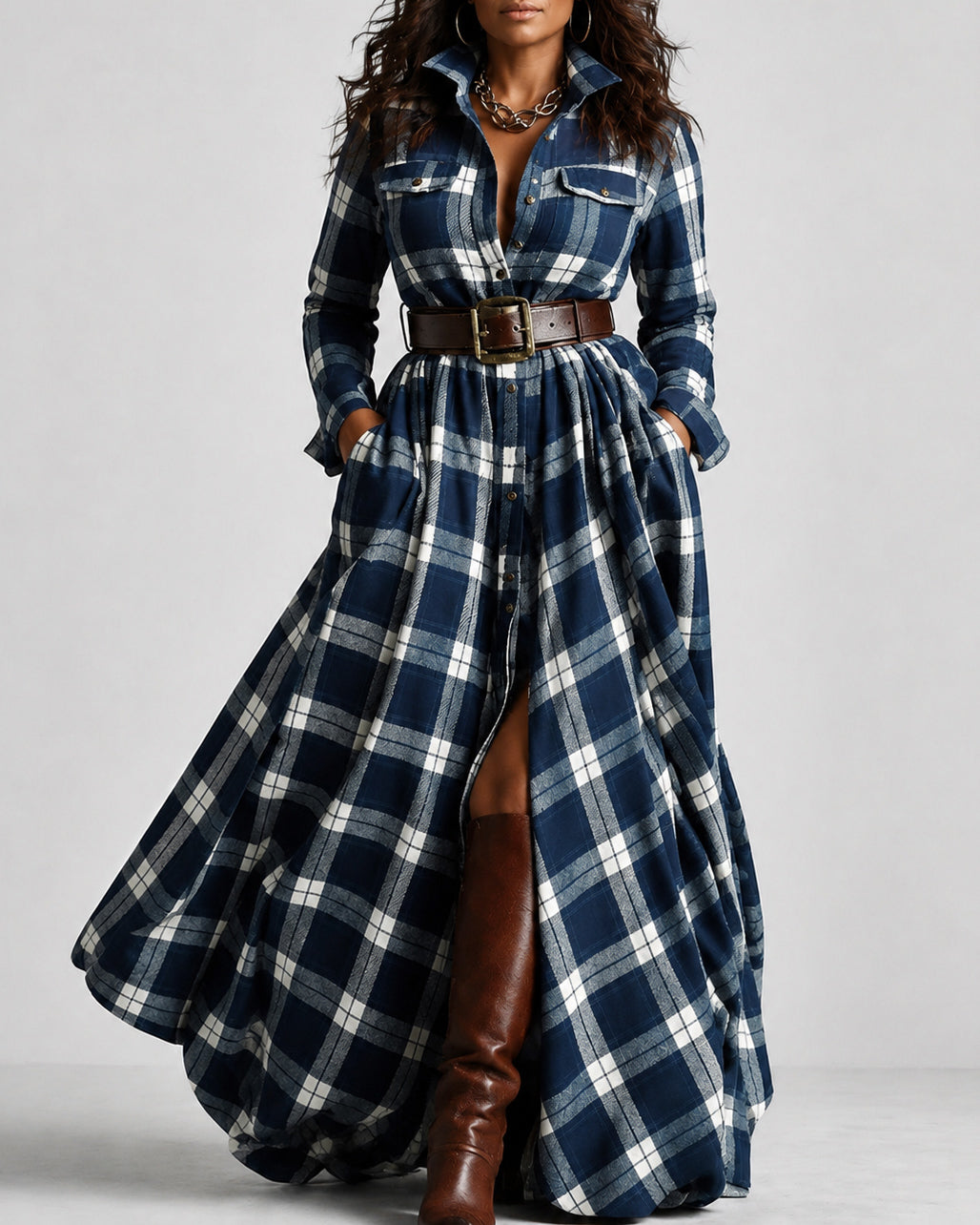 Classic Plaid Button Down Collared Long Sleeve Swing Dress