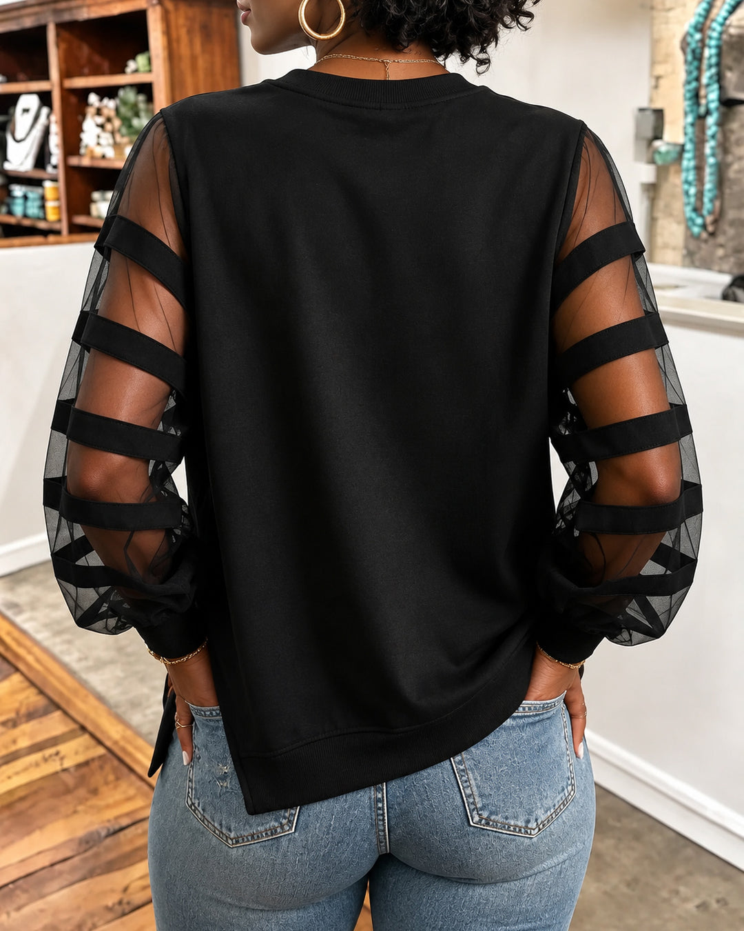 Women Mesh Striped Long Sleeve Top