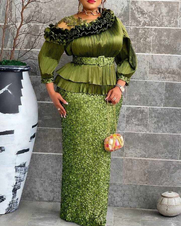 Plus‑Size Pleated Ruffle Peplum Sequin Maxi Dress