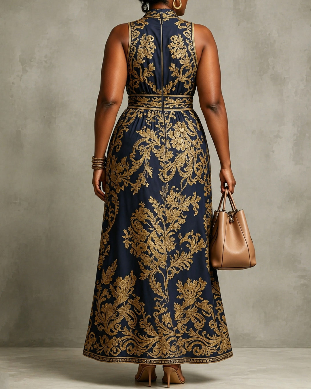 Semi-High Neck Golden Floral Sleeveless High Waist Full Swing Midi Dress
