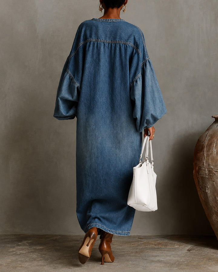 Washed Denim Henley Collar Lantern Sleeve Dress