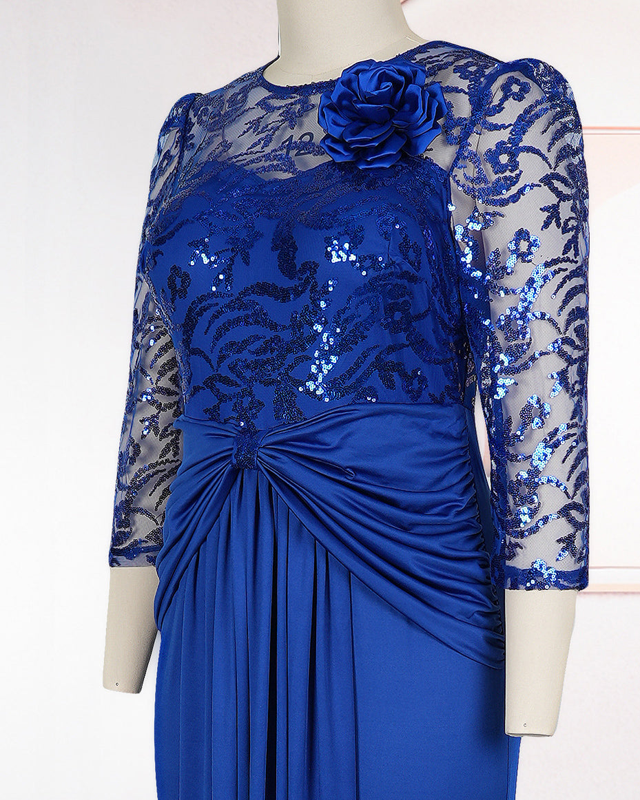 Plus Size Royal Rhinestone Lace Sheer 3/4 Sleeve Twisted Waist Mermaid Maxi Evening Gown
