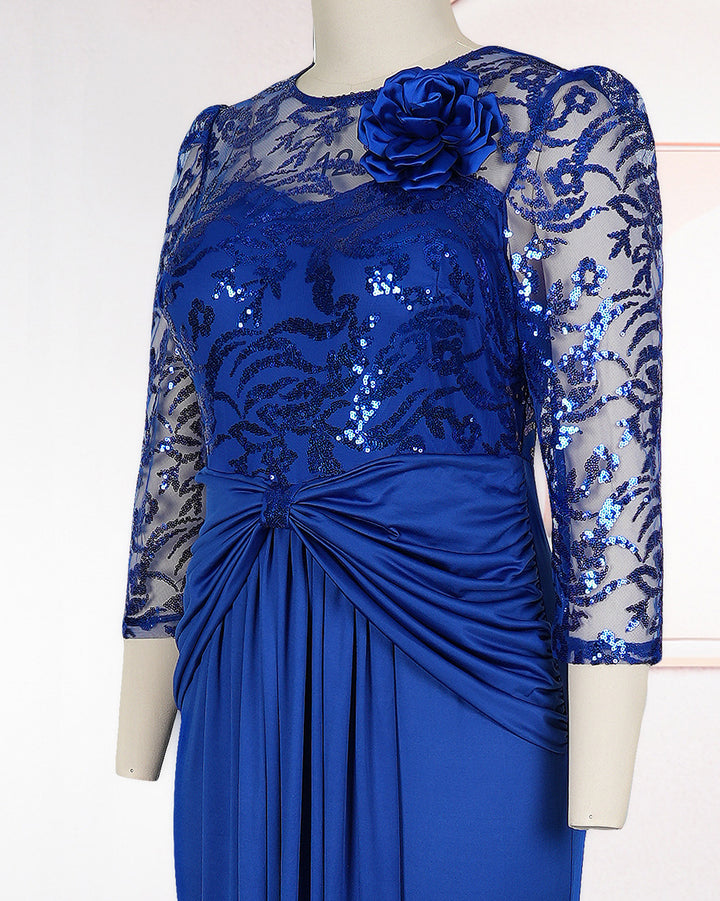 Plus Size Royal Rhinestone Lace Sheer 3/4 Sleeve Twisted Waist Mermaid Maxi Evening Gown