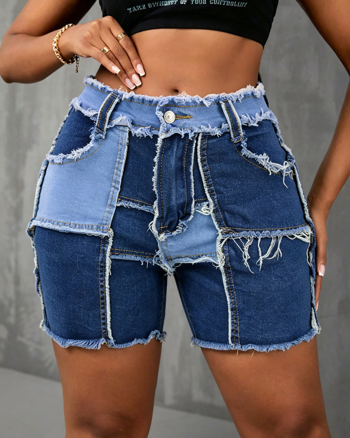 Color Block Spliced Denim Shorts