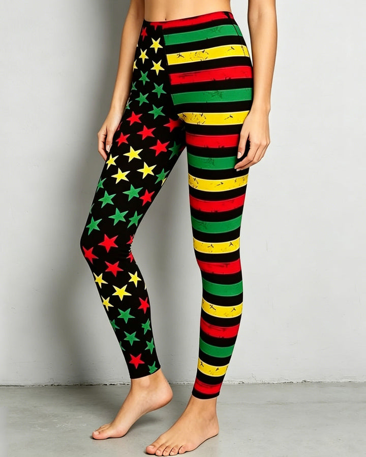 Reggae Star Stripe Patchwork High-waisted Fitted Stretchy Leggings