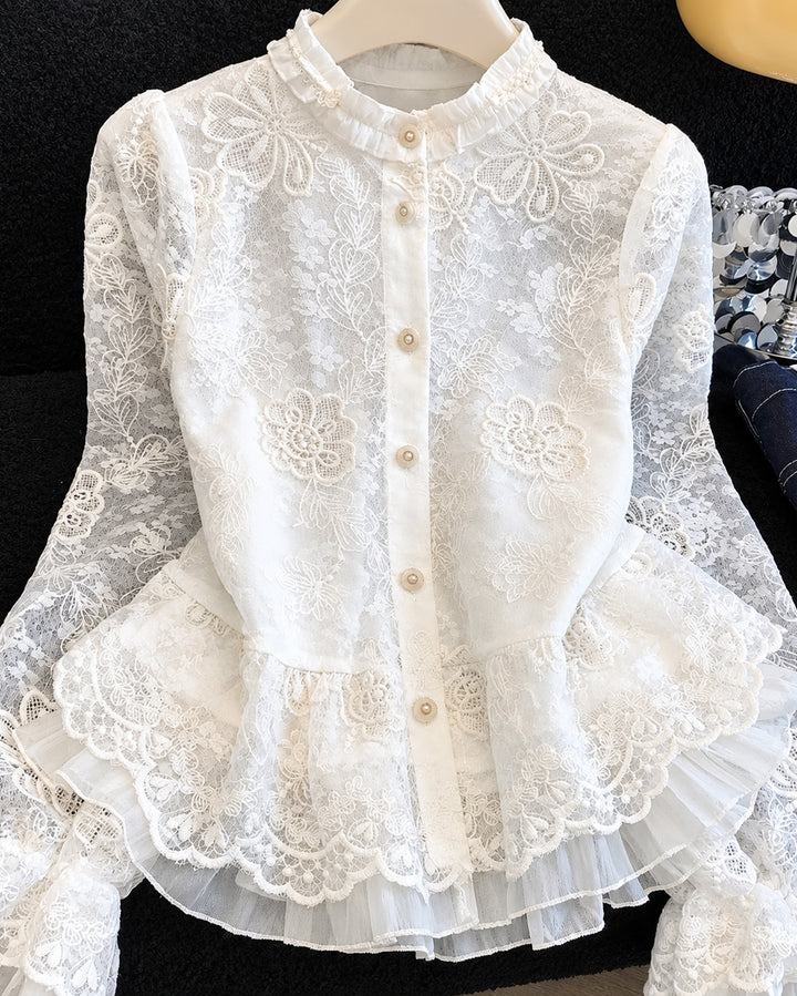 White Floral Lace Ruffled High Neck Puff Long Sleeve Blouse