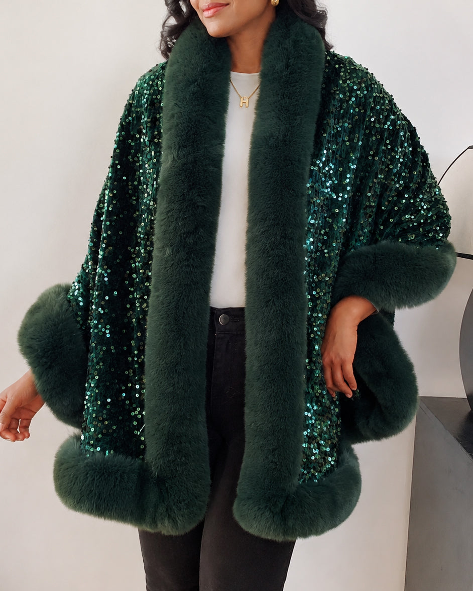 Sequined Fur-trimmed Cape-style Shawl Coat