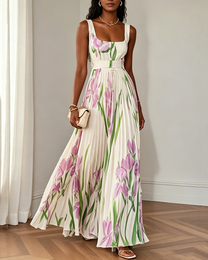 Square Neck Sleeveless Floral Pleated Dress