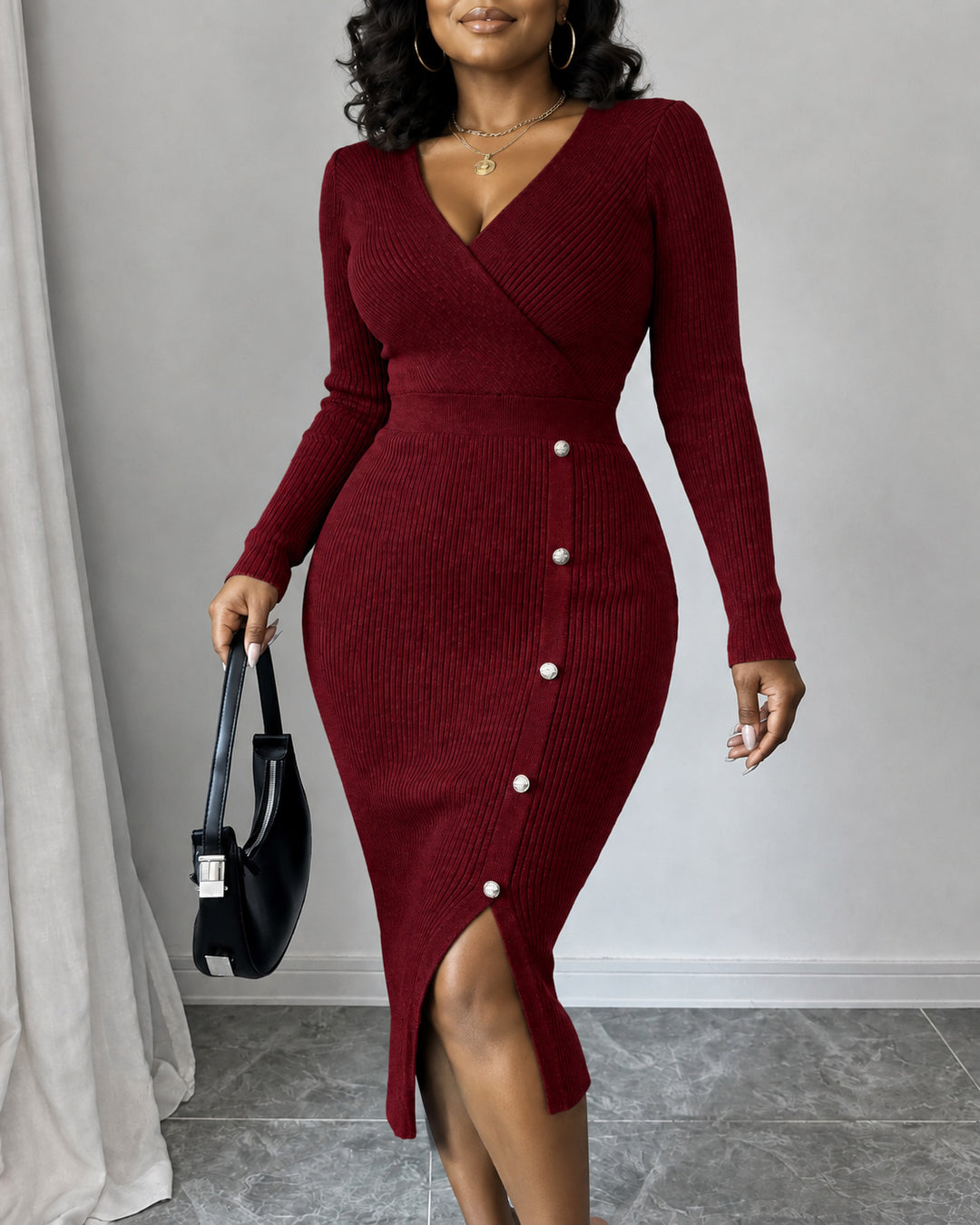 Women Wrap V Neck Ribbed Knit Midi Dress