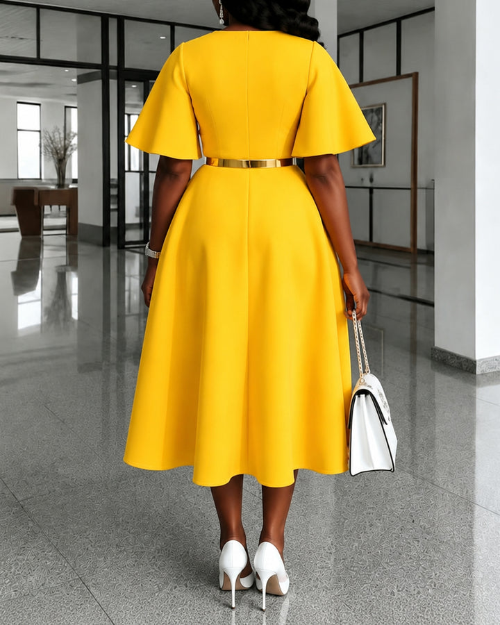 V-Neck Flared Sleeve Midi Swing Dress