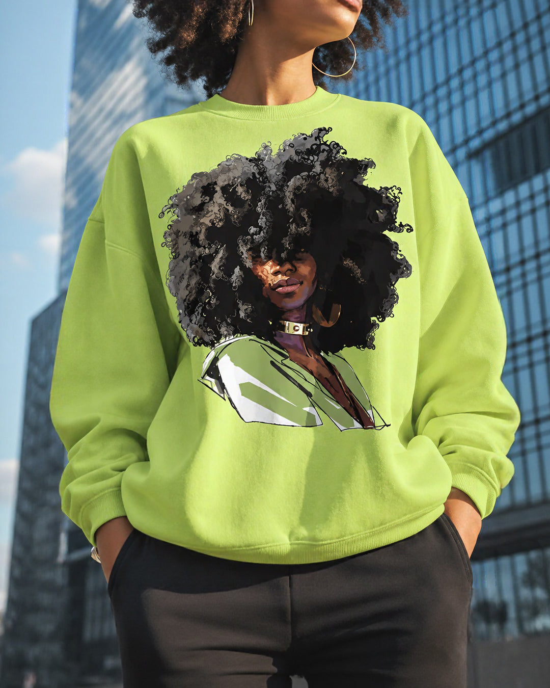 Black Girl Afro Hair Cartoon Print Round Neck Sweatshirt