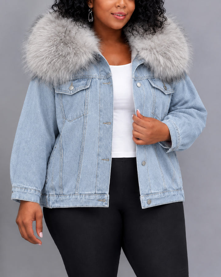 Faux Fur Collar Button Down Long Sleeve Oversized Denim Jacket