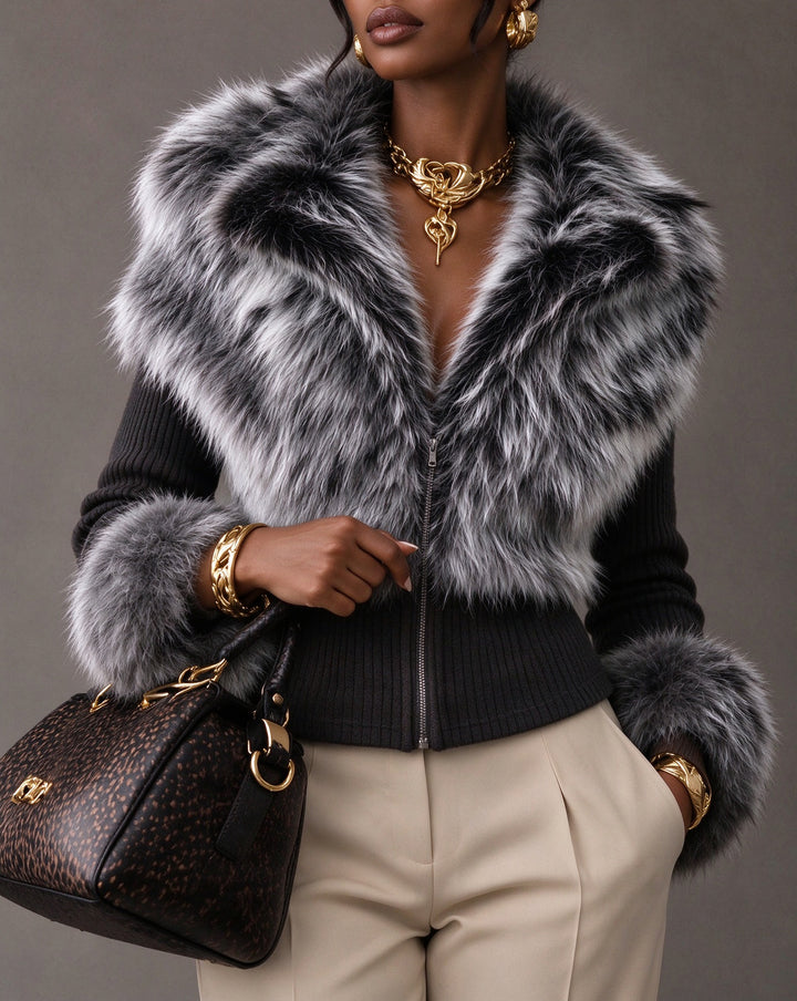 Women Faux Fur Collar & Cuff Ribbed Knit Cropped Jacket