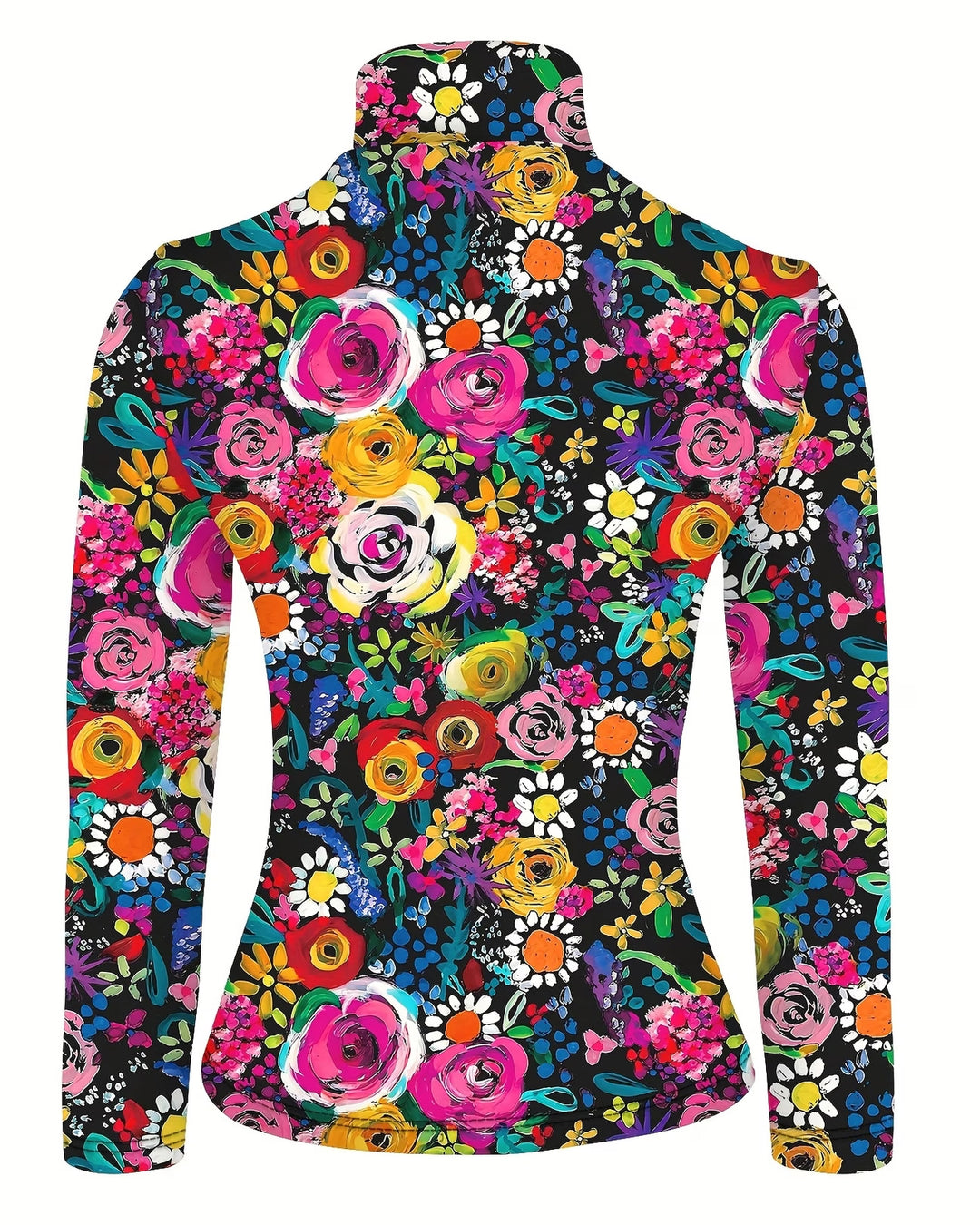 Floral Oil Painting Art Turtleneck Tight Fit Long Sleeve T-Shirt