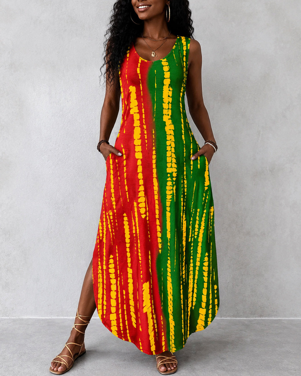 Fashionable Color-blocked Tie-dye Geometric Round Neck Pocket Casual Dress