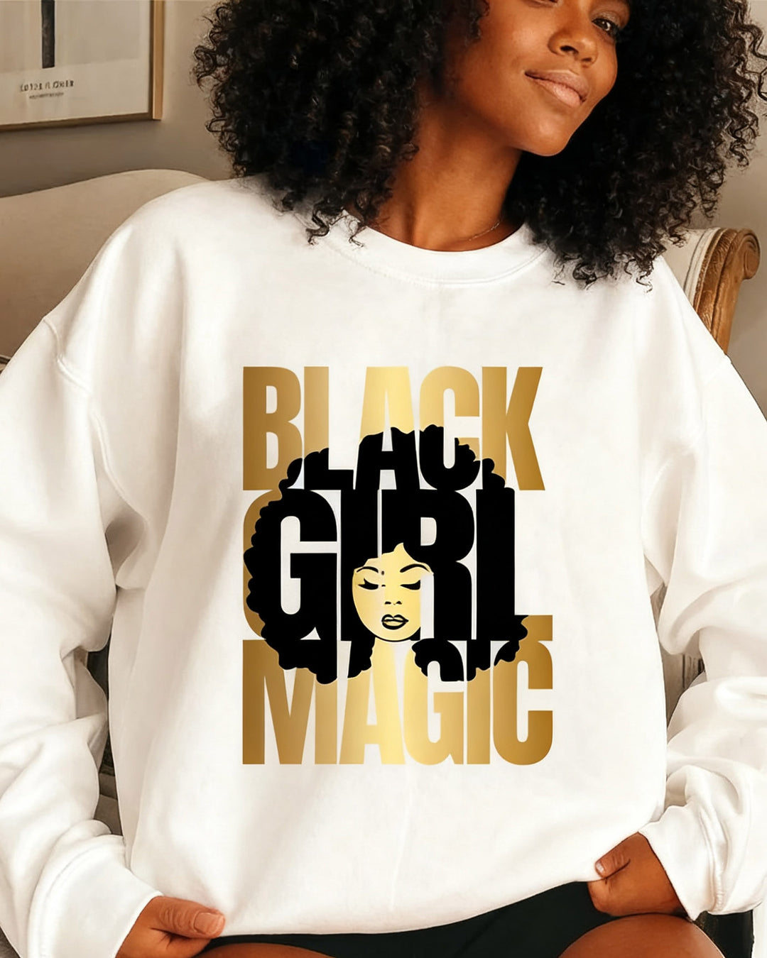 Black Girl Magic Print Crewneck Long Sleeve Sweatshirt
