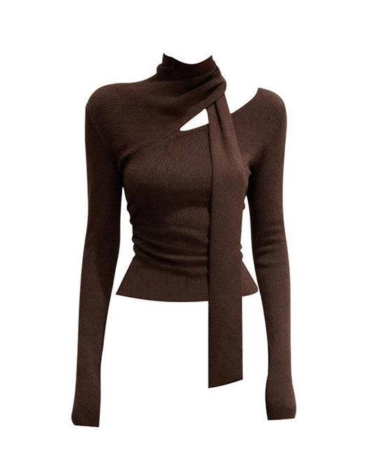 Asymmetric Off Shoulder Tie Neck Cutout Slim Fitted Elegant Sweater