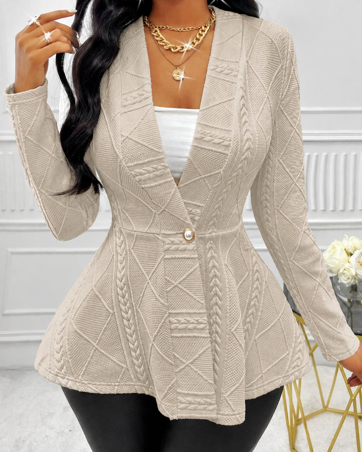 Women's Textured Jacquard V Neck Single Button Peplum Blazer