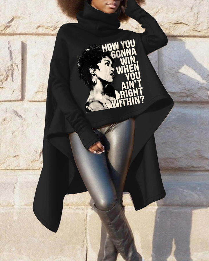 High Collar Pullover Lauren Hill Irregular Long Sleeve Warm Sweatshirt