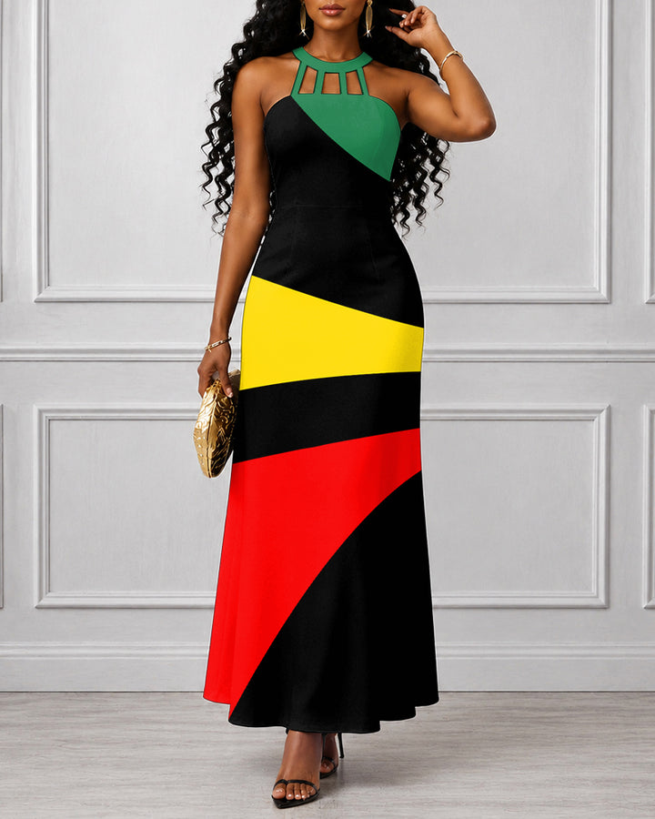 Reggae Stripes Hollow-out Halter Neckline Bodycon Maxi Dress