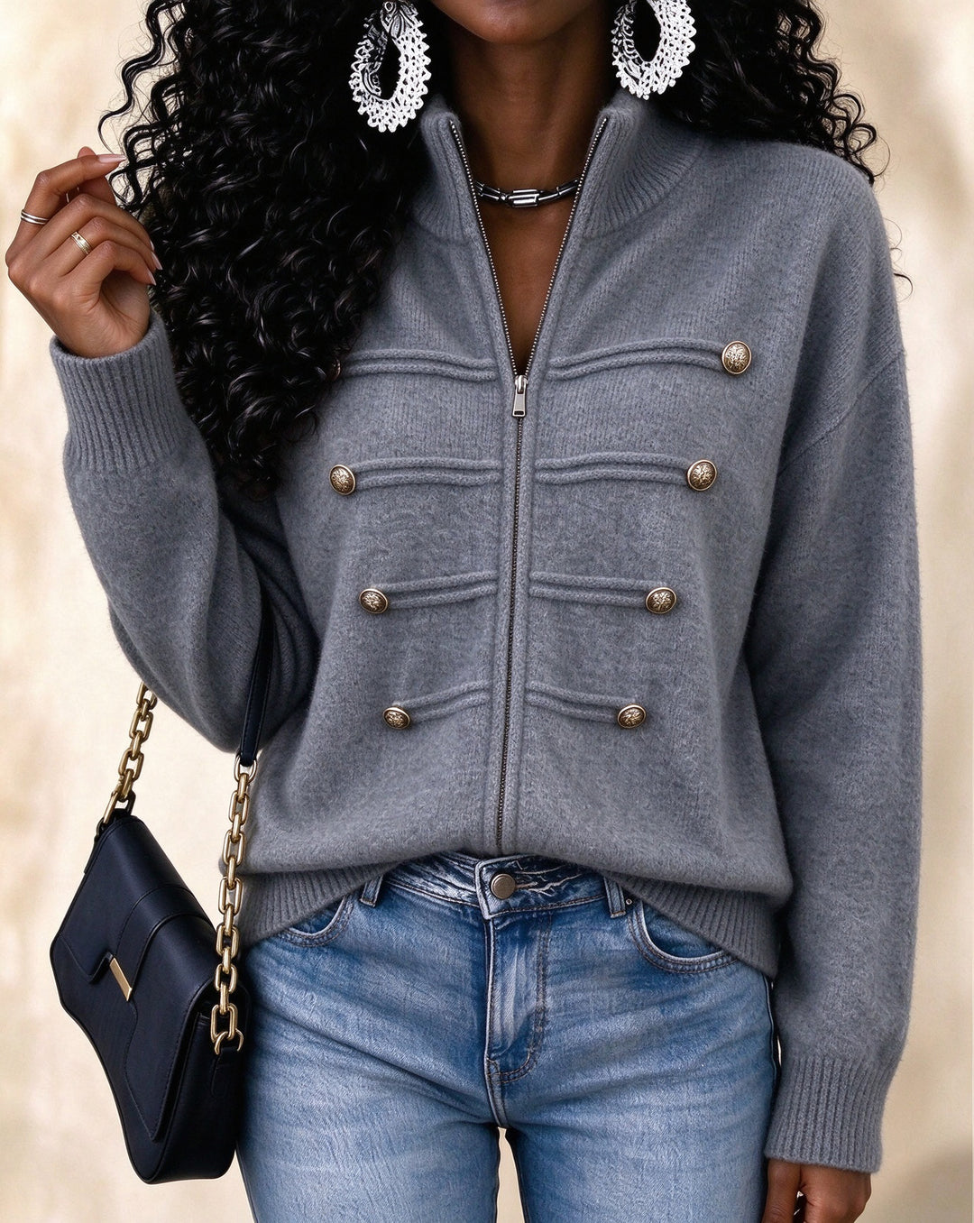 Women's Zip Up Stand Collar Double Breasted Decorative Buttons Knit Cardigan