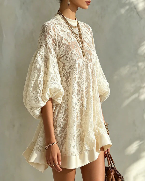 Puffed Sleeve See-through Lace Frill Mini Dress