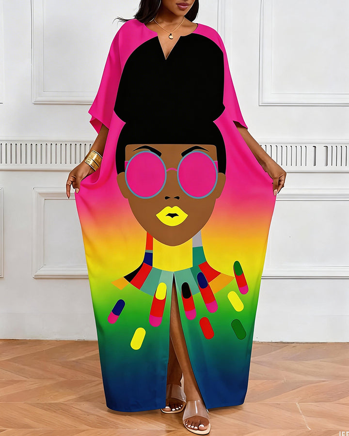 Colorful Neon Black Head Like Print V-Neck Elegant Dress