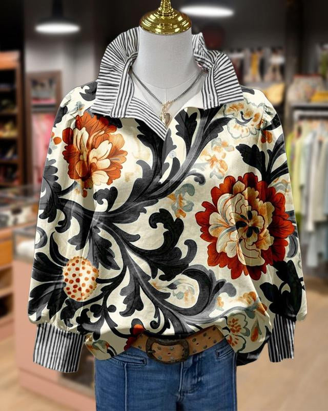 Women's Vintage Floral Print Striped Collar Top Going Outfits Blouses