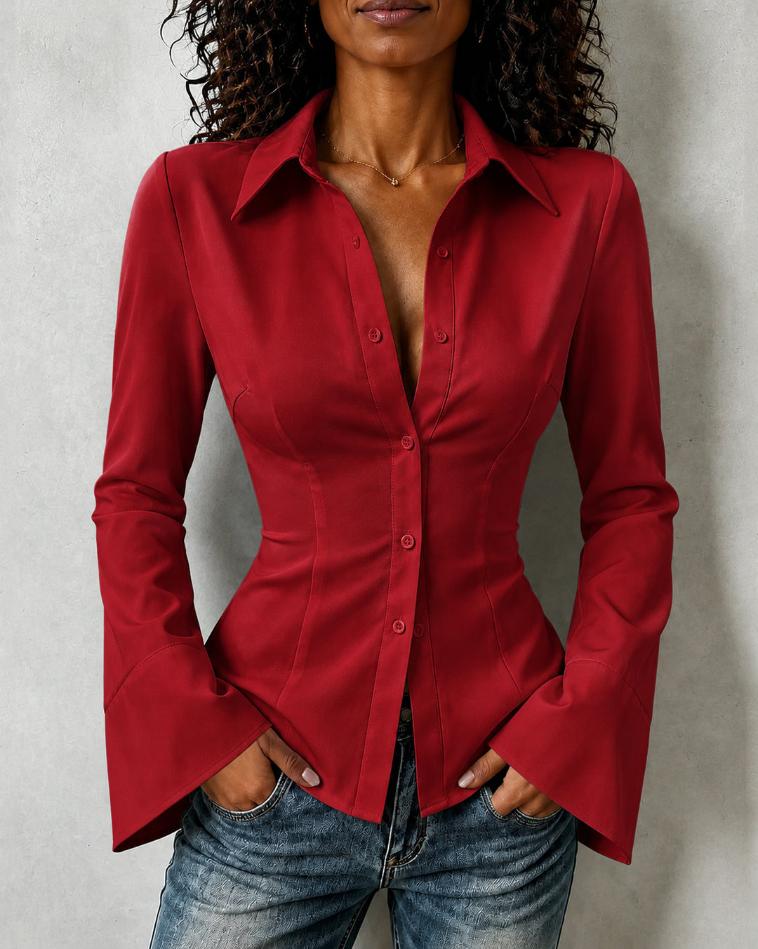 Women Point Collar Fitted Deep V Flare Sleeve Tailored Waist Shirt
